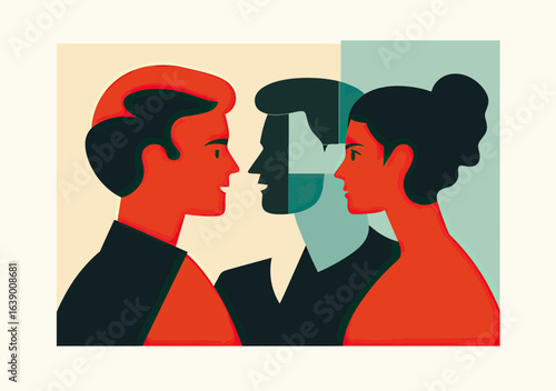 Minimalist flat vector illustration of diverse male and female profiles facing each other with overlapping shadows, modern art style concept for communication and connection