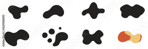 Set of irregular black organic blob shapes with smooth edges abstract fluid liquid elements and colorful variant for graphic design vector illustration on white background