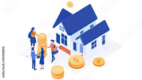 Isometric family investing money and paying mortgage loan with gold coins around blue roof house real estate investment concept flat vector illustration