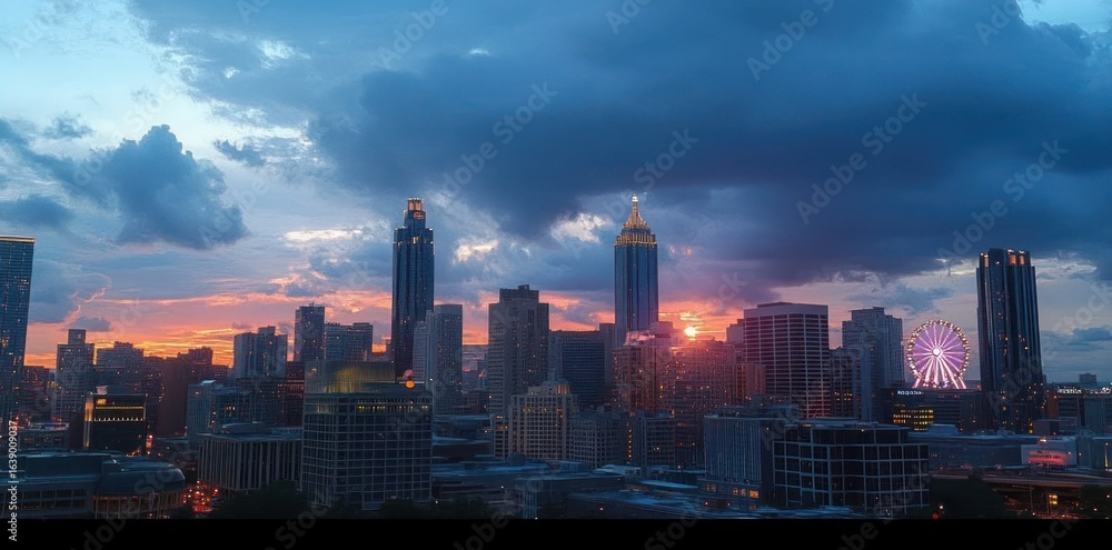 Obraz premium City skyline at sunset with tall buildings and a Ferris wheel under a dramatic cloudy sky