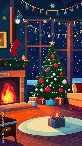 Cozy living room decorated for Christmas with lit fireplace, decorated Christmas tree with colorful ornaments, wrapped gifts, garlands and night window view