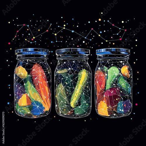Low poly vector illustration of jars with assorted pickled vegetables against black background with constellation star patterns in colorful polygonal wireframe style