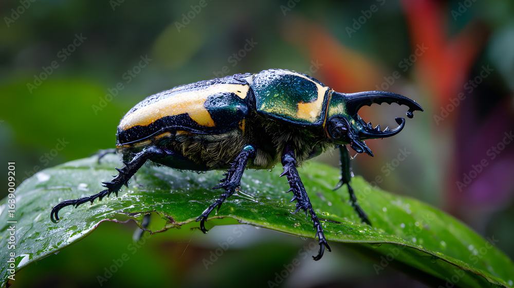 Naklejka premium Rare animal Goliath beetle (Goliathus goliatus) resting majestically on a vibrant green leaf in the depths of a tropical rainforest.