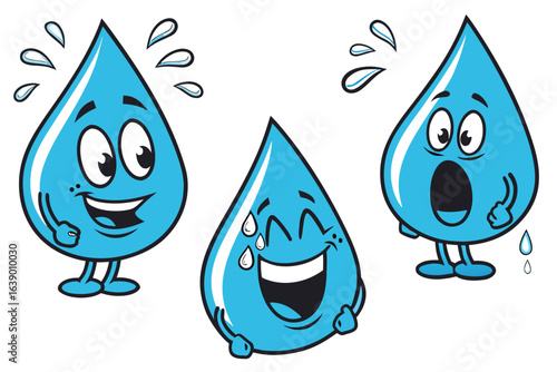 Cartoon water drops with funny facial expressions illustration