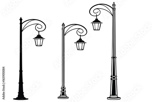 Three black and white illustrations of vintage street lamps Keywords: street lamp, light, lighting, vintage