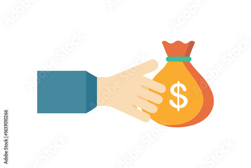 Hand holding orange money bag with dollar sign flat illustration