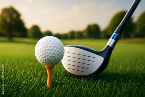 Close-up of golf ball on tee with driver on green field in soft sunlight, showing outdoor hobby with blurred nature background. Ai generative.