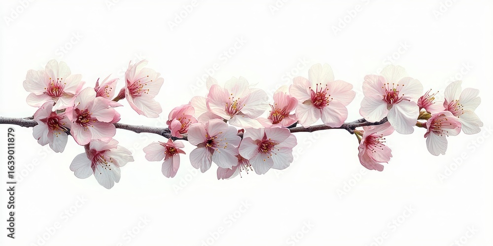 Obraz premium delicate light pink cherry blossoms blooming on a slender branch against a clean white background