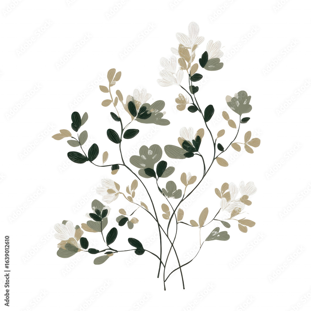 Fototapeta premium Minimal floral patch with delicate sprig in sage green and cream, flat vector on white