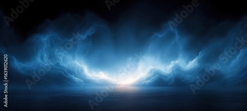 Mysterious glowing bright light emerging from the horizon under dark swirling storm clouds over a calm water surface creating an eerie and dramatic atmosphere