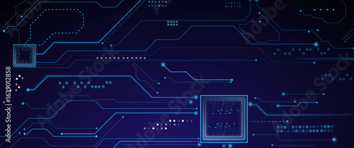 Wallpaper Mural Technology Semiconductor on Blue Background. CPU with Light Glowing Neon Frame on Circuit Board. Torontodigital.ca