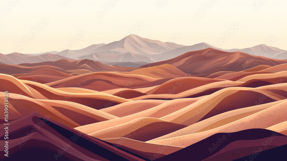 Naklejka premium Desert landscape: rolling sand dunes meet distant mountains under a pale sky