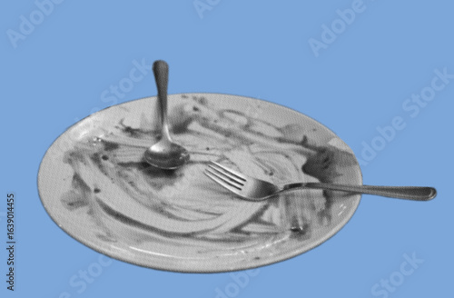 empty plate with spoon and fork after finished meal pixelate grayscale color halftone dotted texture style collage element isolated on blue background