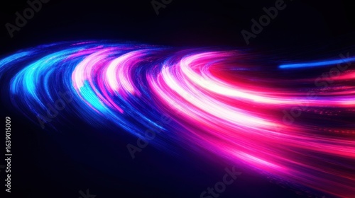 Dynamic swirling streaks of vibrant blue and pink light trails curving gracefully against a dark background conveying motion and energy