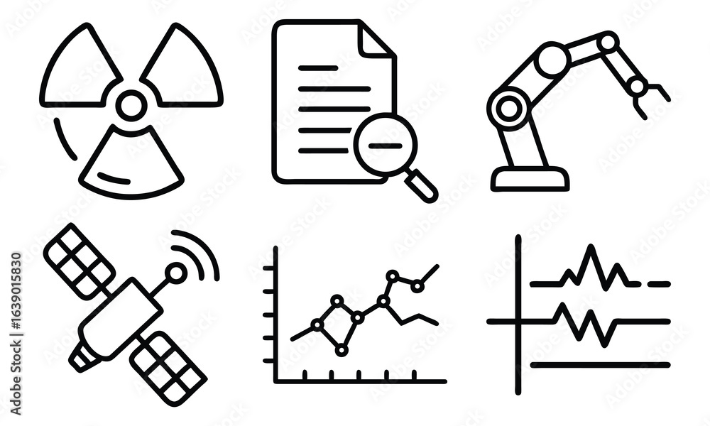 Fototapeta premium Science and Laboratory Line Icons Chemistry, Physics, Biology, Space, Robotics, Data, and Medical Vector Icon Set for Education, Research, and STEM Projects