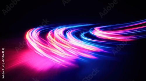 Abstract dynamic curves of vivid neon pink and blue light streaks against a dark background creating a sense of motion and energy