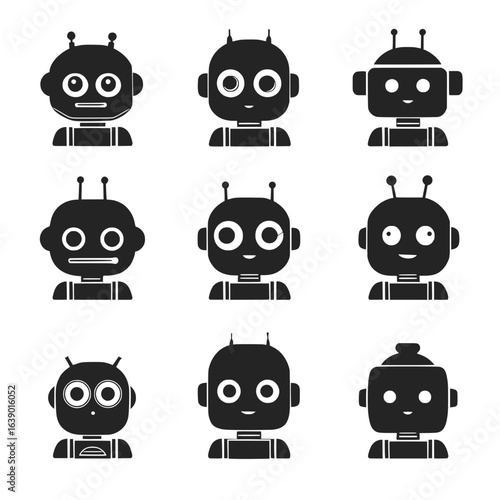 Flat Icon Set – Cute Robot Head Variations