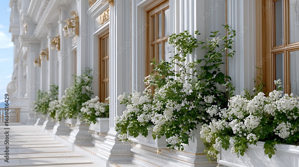 Fototapeta premium Minimalist White House Concept Art with Flower Boxes and Elegant Details