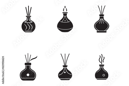 Aromatic Diffuser Icon Set Various Designs Black and White Presentation Modern Home Decor and Fragrance Solutions for Relaxation