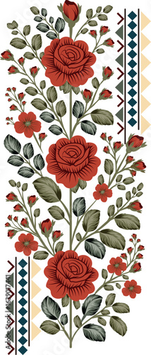 Neo-classical Mughal border print, merging rich red floral heads with olive green vines for a timeless, regal aesthetic.”