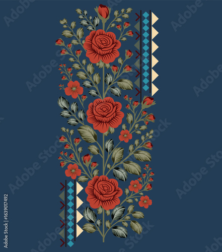Neo-classical Mughal border print, merging rich red floral heads with olive green vines for a timeless, regal aesthetic.