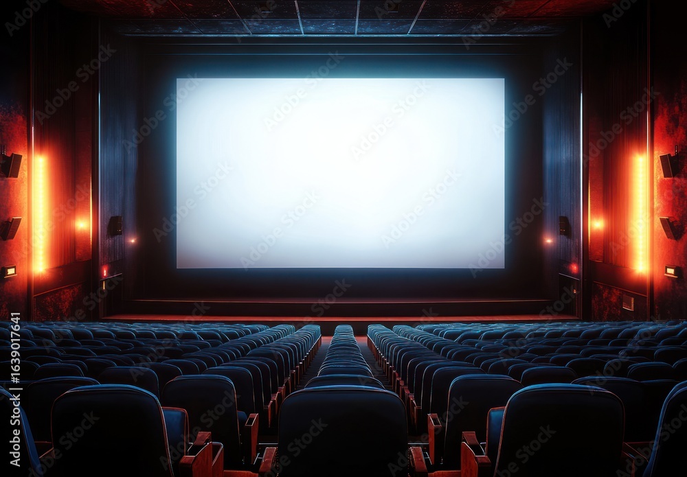 Fototapeta premium Empty movie theater with rows of blue seats facing a large bright blank screen under warm ambient lighting