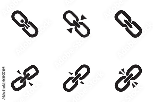 Black and White Chain Icons Symbolizing Connection and Disconnection Showing Strength and Weakness in Partnerships and Relationships Online and Offline