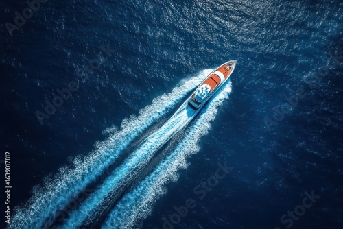 Wallpaper Mural Aerial view of a speedboat creating white foamy trails as it moves swiftly through deep blue ocean water under bright sunlight Torontodigital.ca