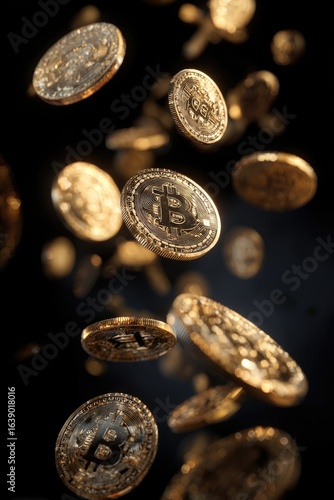 Gold Bitcoin coins cascade against a dark background.  Many golden coins,  depicting the Bitcoin symbol, are suspended in mid-air,  flying downward in a dynamic,  vertical composition.  