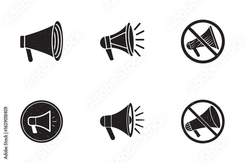Black and white megaphone icon set for communication protest and silencing concepts showcasing the power and limitations of voice