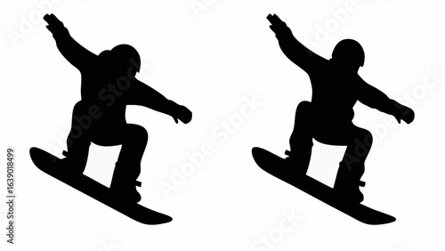 Two snowboarders in silhouette performing tricks against a white background in a side by side composition