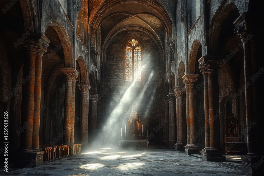 Fototapeta premium Sunlight beams through a stained glass window illuminating the altar inside a dimly lit ancient stone cathedral with high vaulted ceilings and tall columns