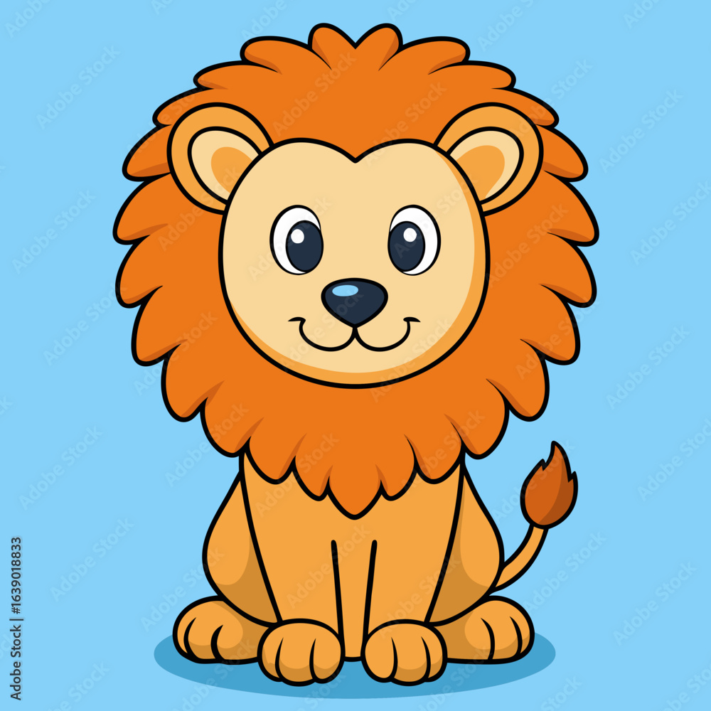 Obraz premium Cartoon Lion Sitting – Orange Mane, Light Tan Fur, Blue Background, Whimsical Animal Character with Friendly Expression