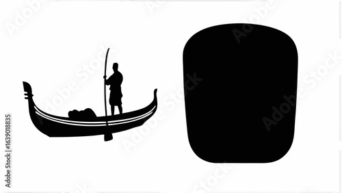 Silhouette of a gondola with a gondolier and a passenger next to a black rounded rectangular shape