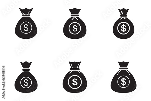 Black and White Money Bags Icon Illustration Financial Investment Wealth Symbolism Simple Graphic Design for Business and Finance Concepts Six Bags
