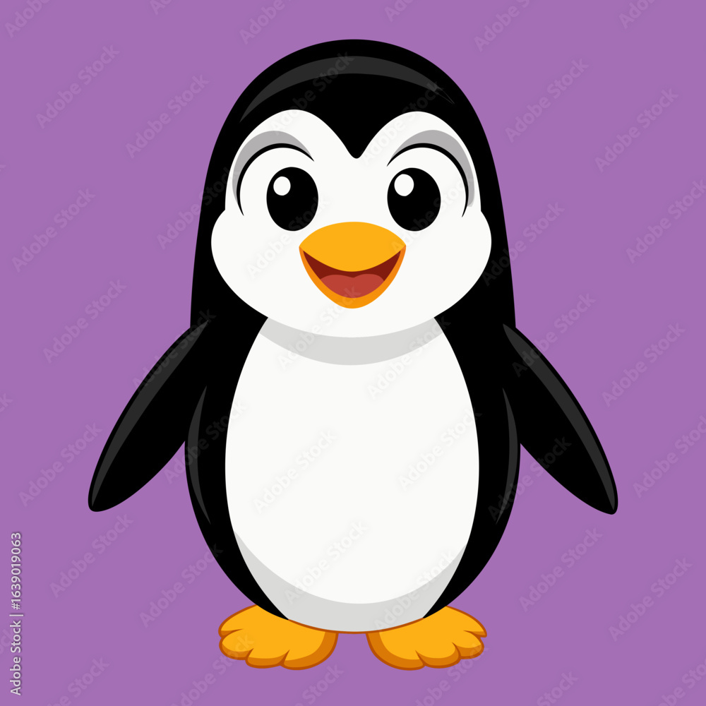 Fototapeta premium Cartoon Penguin Illustration – Smiling Expression, Orange Beak and Feet, Purple Background, Whimsical Animal Character