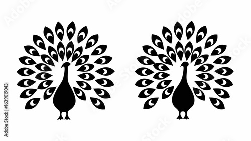 Two stylized peacocks with elaborate feather displays in a symmetrical arrangement on white background silhouette