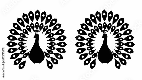 Two stylized peacocks with elaborate feather displays in a symmetrical black and white composition design element silhouette