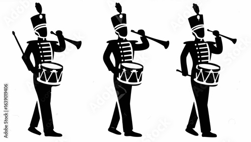 Three black and white silhouettes of marching band members with drums and horns in uniform formation