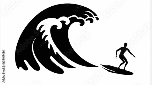 Silhouette of a surfer riding a wave under a large cresting wave on a sunny day at the beach water sport