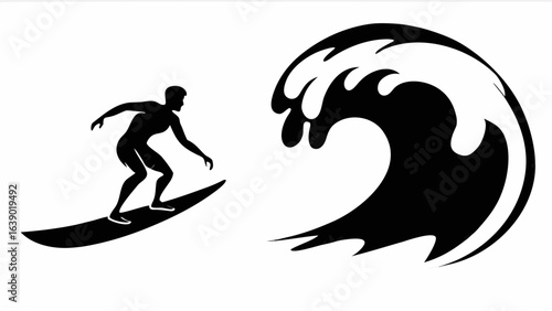 Silhouette of a surfer riding a wave on a surfboard with a large wave in the background illustration