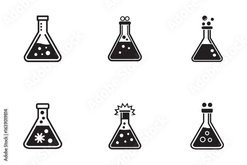 Black and White Science Icons Showing Flasks with Different Chemical Reactions for Education and Research Purposes
