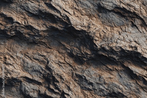 Close-up view of textured, rugged rock formations with variations in dark gray and light brown hues