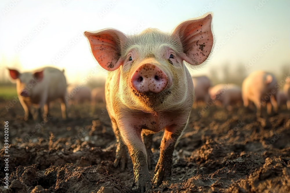 Close-up of a happy piglet standing on muddy soil with other piglets blurred in the background during golden hour Close-up of a happy piglet standing on muddy soil with other piglets blurred in the background during golden hour
