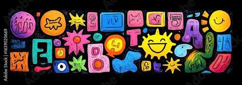 Colorful abstract doodles and shapes including smiling sun, flowers, stars, letters, and various symbols on black background creating cheerful and vibrant atmosphere