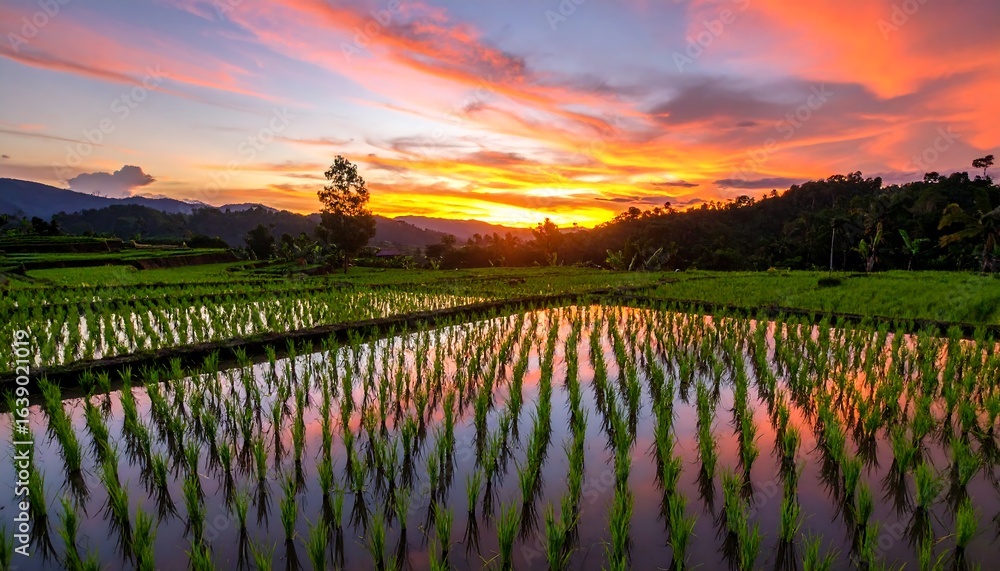 Obraz premium Stunning sunset over terraced rice paddies