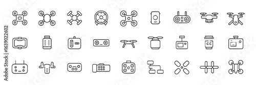 Collection of Drone Line Icons Representing Modern Technology and Aerial Photography with Remote Control Devices