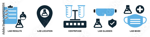 Set laboratory icon vector for scientific research, academic education, and medical testing. Ideal for illustrating chemistry, biology, and physics concepts with a comprehensive and cohesive design.