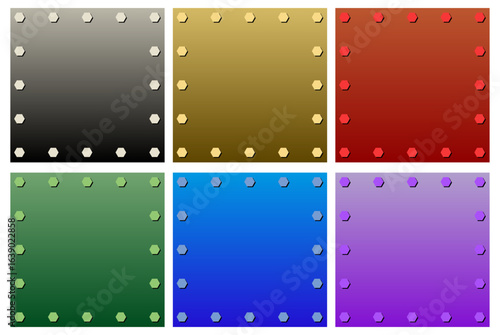 背景やフレームに!カラー豊富な六角形のビス、ネジで止めた鉄、メタルの正方形プレートをデザインしたベクター・イラストのコレクション