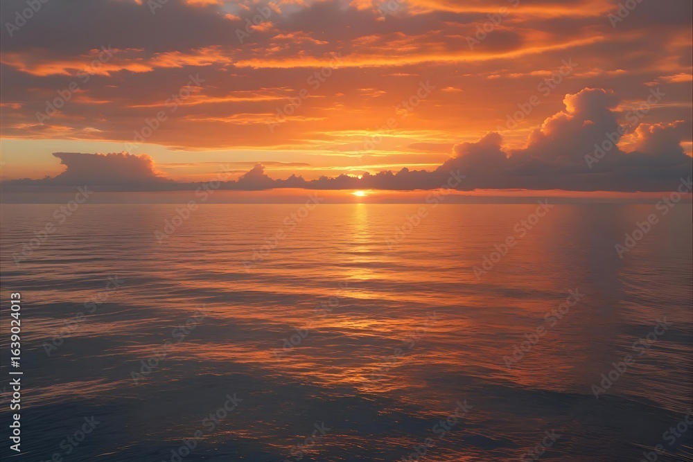 Obraz premium Golden sunset over the ocean with orange clouds and calm water surface